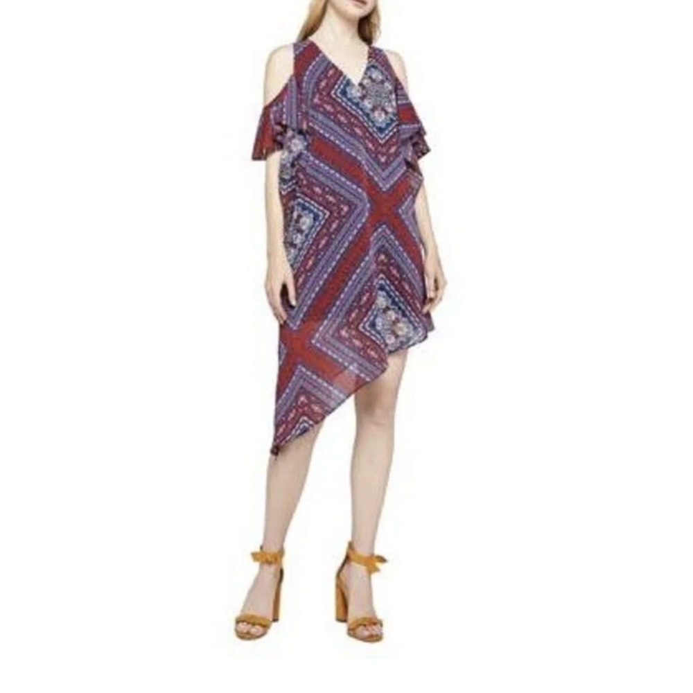 BCBGeneration Womens Size Small Printed Cold Shoulder Layered Dress Red | 0234